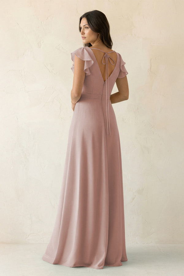 V - Neck Ruffled A - Line Chiffon Bridesmaid Dress in Toffee - SHE IS ME Bridesmaid Dresses
