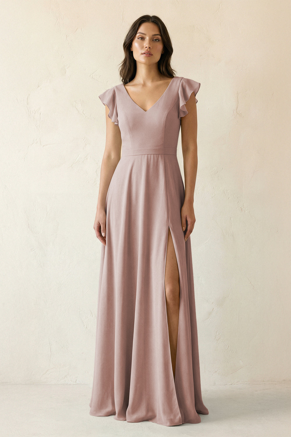 V-Neck Ruffled A-Line Chiffon Bridesmaid Dress in Toffee