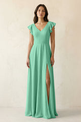 V - Neck Ruffled A - Line Chiffon Bridesmaid Dress in Turquoise - KISS BRIDAL Bridesmaid Dresses