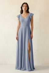 V - Neck Ruffled A - Line Chiffon Bridesmaid Dress in Twilight - KISS BRIDAL Bridesmaid Dresses