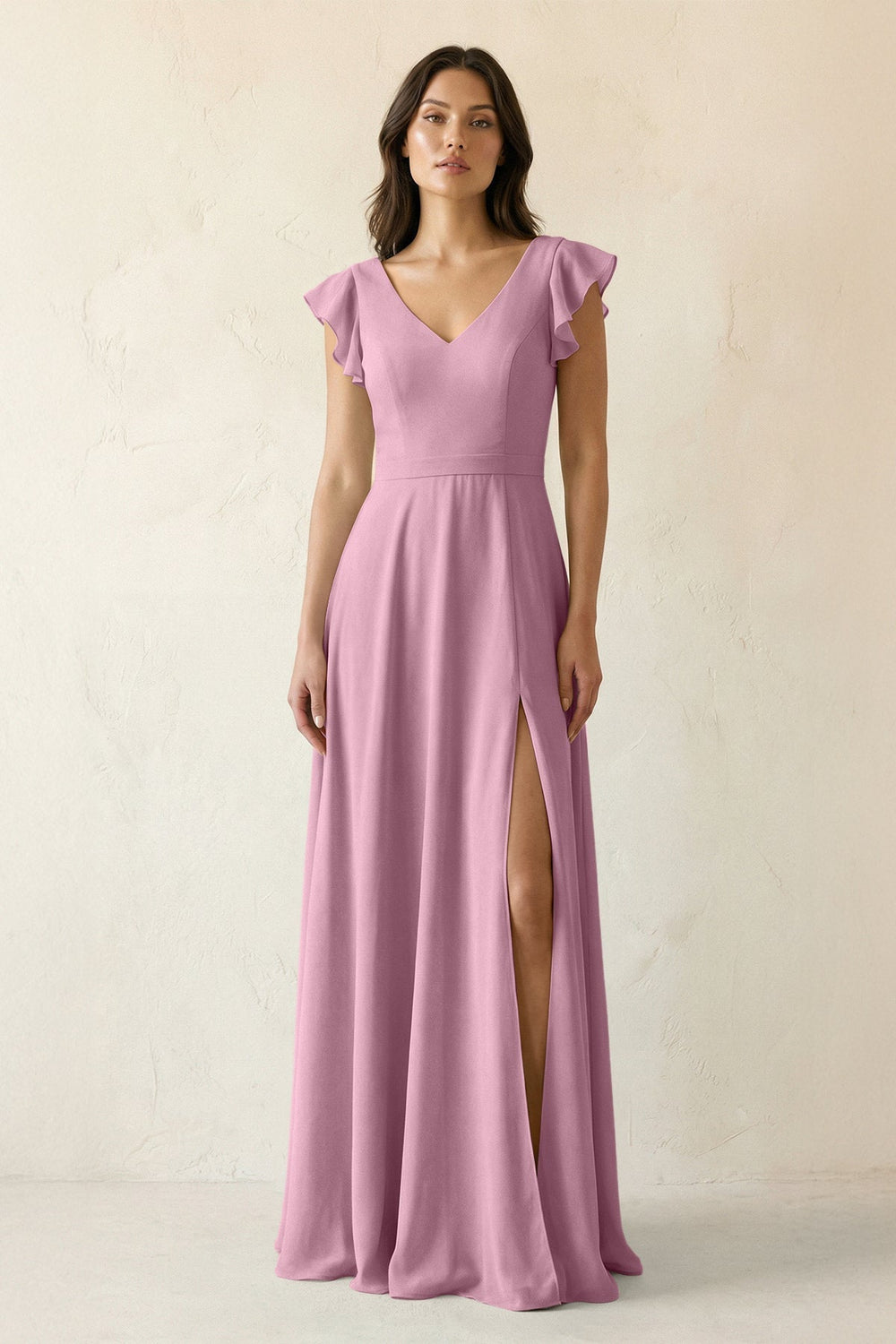 V - Neck Ruffled A - Line Chiffon Bridesmaid Dress in Vintage Mauve - SHE IS ME Bridesmaid Dresses