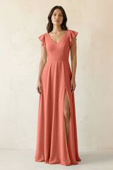 V - Neck Ruffled A - Line Chiffon Bridesmaid Dress in Wild Rose - KISS BRIDAL Bridesmaid Dresses