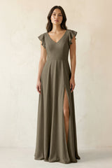 V - Neck Ruffled A - Line Chiffon Bridesmaid Dress in Willow Green - KISS BRIDAL Bridesmaid Dresses