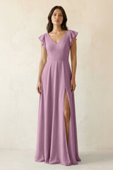 V - Neck Ruffled A - Line Chiffon Bridesmaid Dress in Wisteria - KISS BRIDAL Bridesmaid Dresses