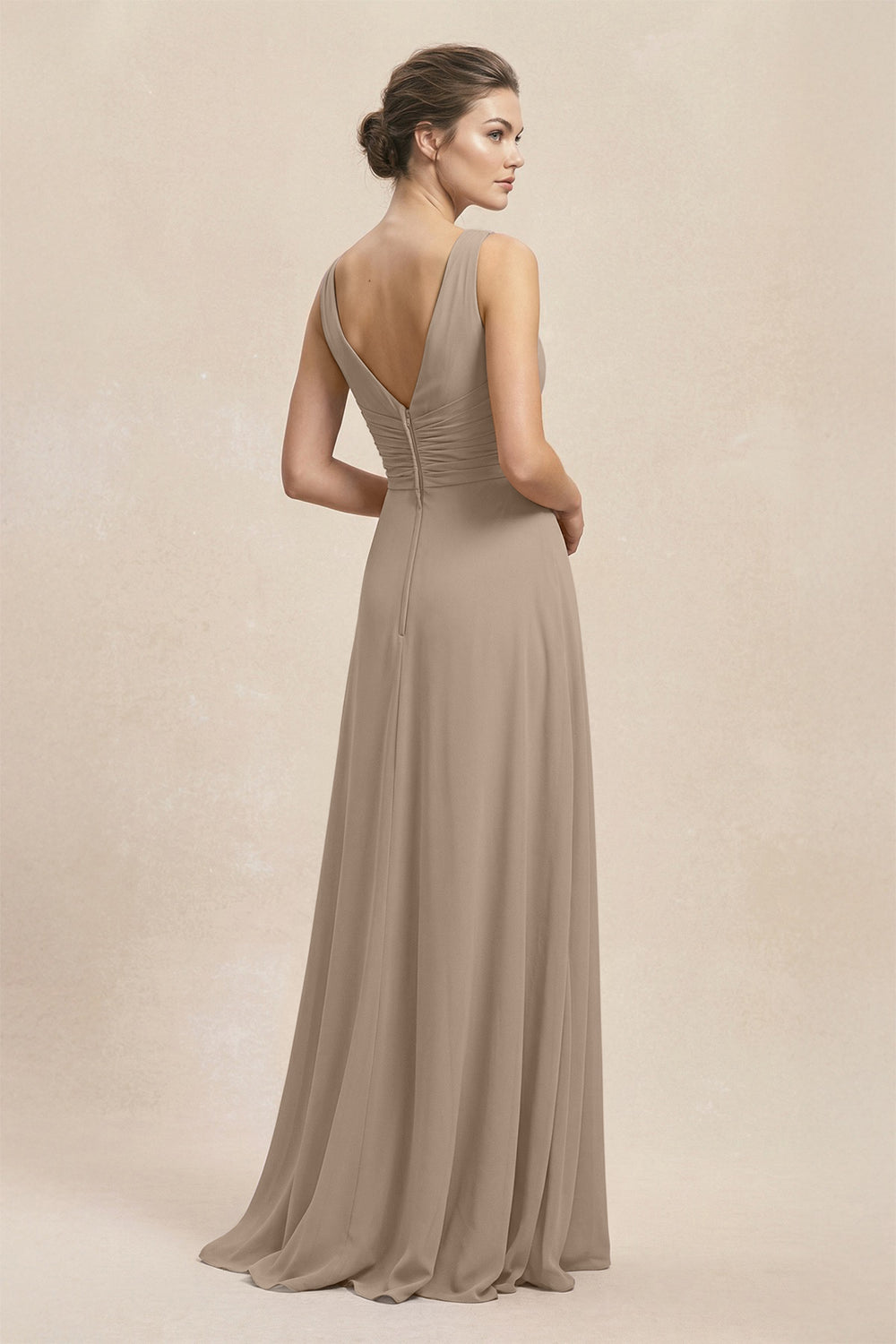 V-Neck Ruffled Ruched Chiffon A-Line Bridesmaid Dress in Almond