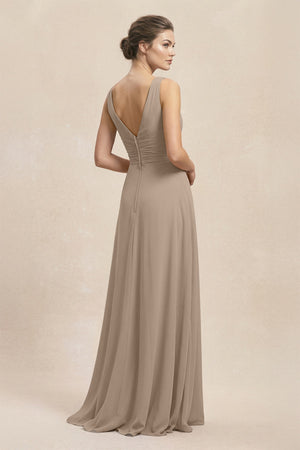 V-Neck Ruffled Ruched Chiffon A-Line Bridesmaid Dress in Almond (2) | KISSBRIDAL