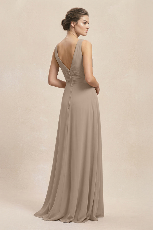 V-Neck Ruffled Ruched Chiffon A-Line Bridesmaid Dress in Almond (2) | KISSBRIDAL