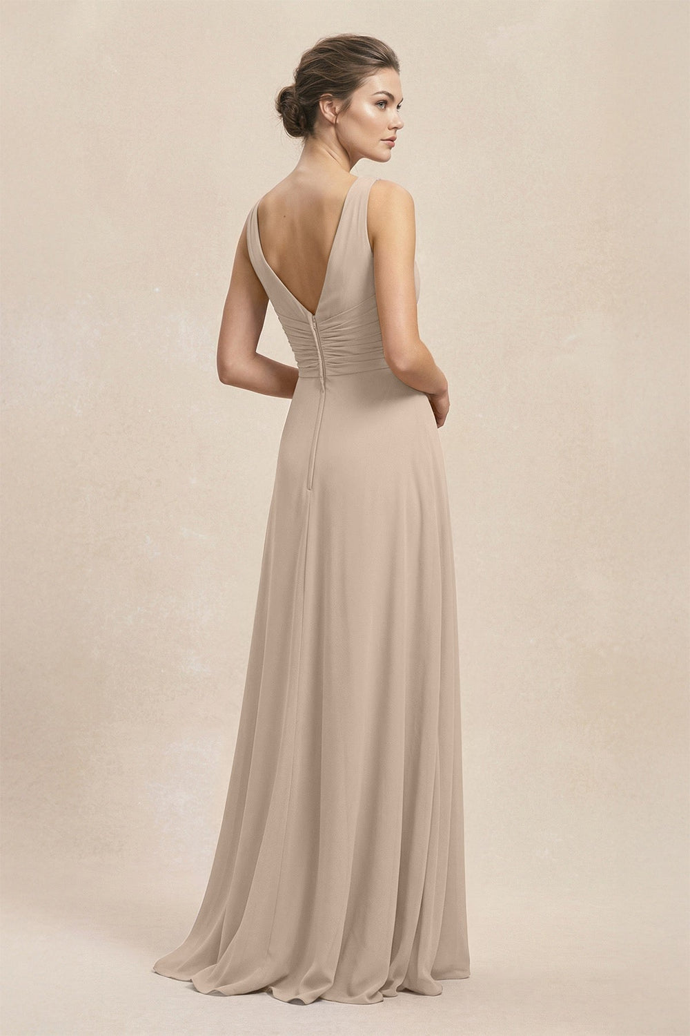 V - Neck Ruffled Ruched Chiffon A - Line Bridesmaid Dress in Almond - KISS BRIDAL Bridesmaid Dresses