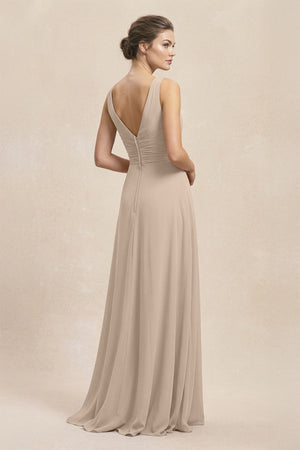 V - Neck Ruffled Ruched Chiffon A - Line Bridesmaid Dress in Almond - SHE IS ME Bridesmaid Dresses