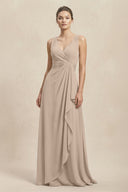V - Neck Ruffled Ruched Chiffon A - Line Bridesmaid Dress in Almond - SHE IS ME Bridesmaid Dresses