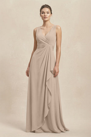 V - Neck Ruffled Ruched Chiffon A - Line Bridesmaid Dress in Almond - SHE IS ME Bridesmaid Dresses