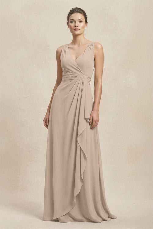 V - Neck Ruffled Ruched Chiffon A - Line Bridesmaid Dress in Almond - SHE IS ME Bridesmaid Dresses