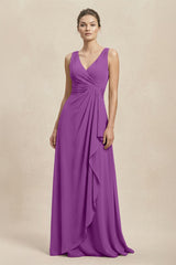 V - Neck Ruffled Ruched Chiffon A - Line Bridesmaid Dress in Amethyst - KISS BRIDAL Bridesmaid Dresses