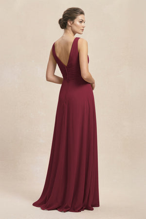 V-Neck Ruffled Ruched Chiffon A-Line Bridesmaid Dress in Berry (2) | KISSBRIDAL