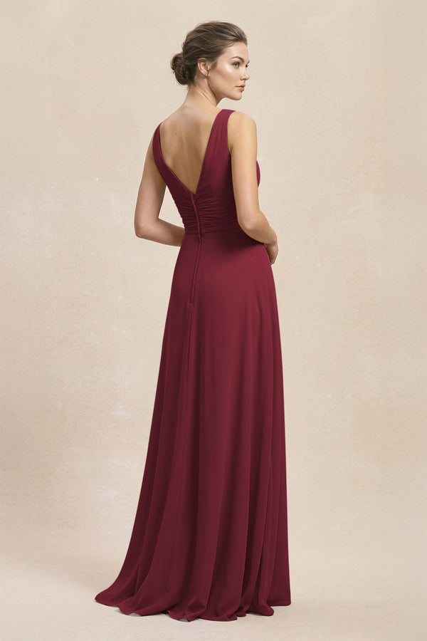 V-Neck Ruffled Ruched Chiffon A-Line Bridesmaid Dress in Berry (2) | KISSBRIDAL