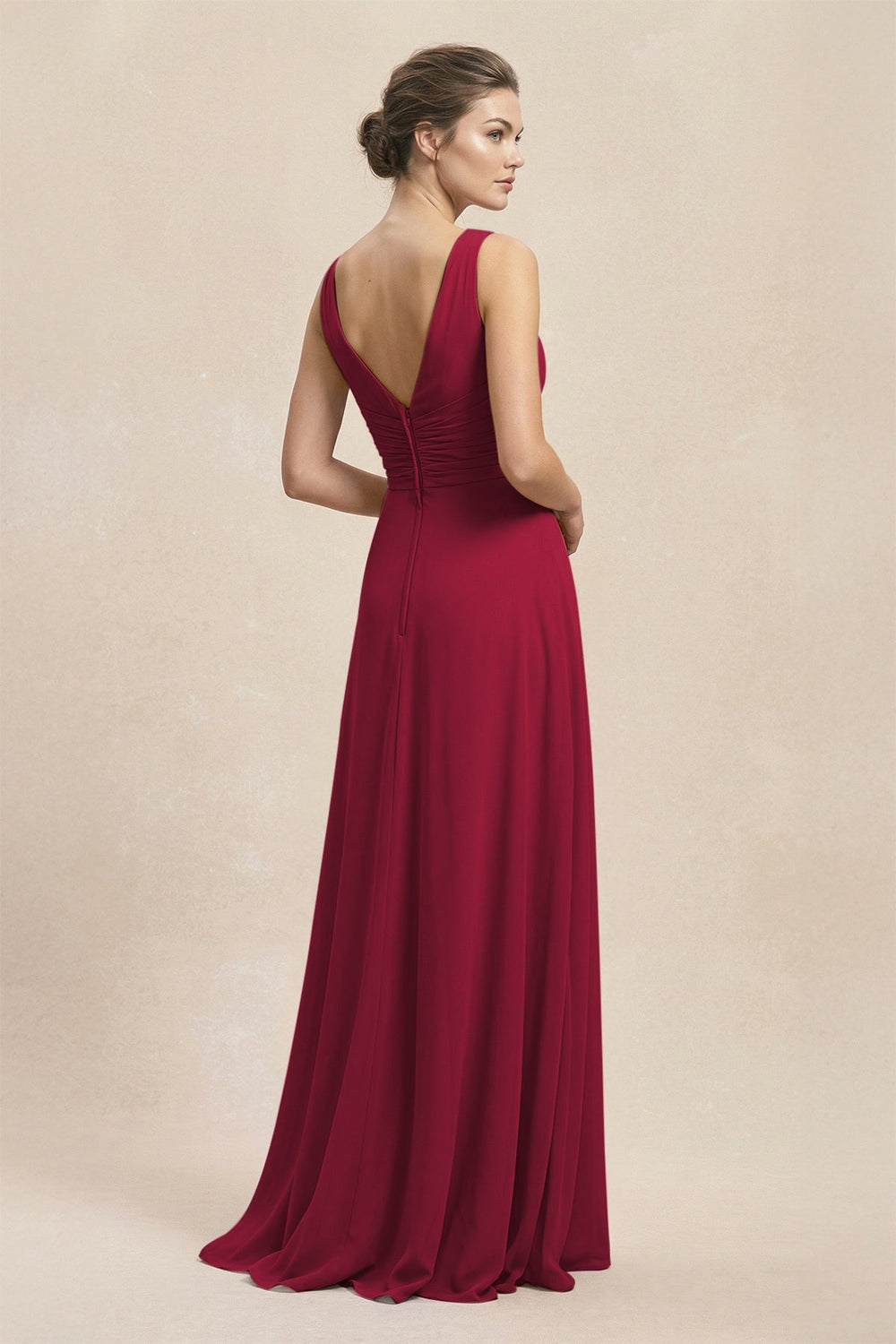 V - Neck Ruffled Ruched Chiffon A - Line Bridesmaid Dress in Berry - KISS BRIDAL Bridesmaid Dresses