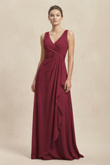 V-Neck Ruffled Ruched Chiffon A-Line Bridesmaid Dress in Berry | KISSBRIDAL