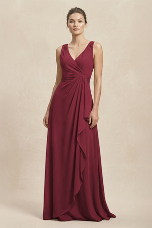 V-Neck Ruffled Ruched Chiffon A-Line Bridesmaid Dress in Berry | KISSBRIDAL