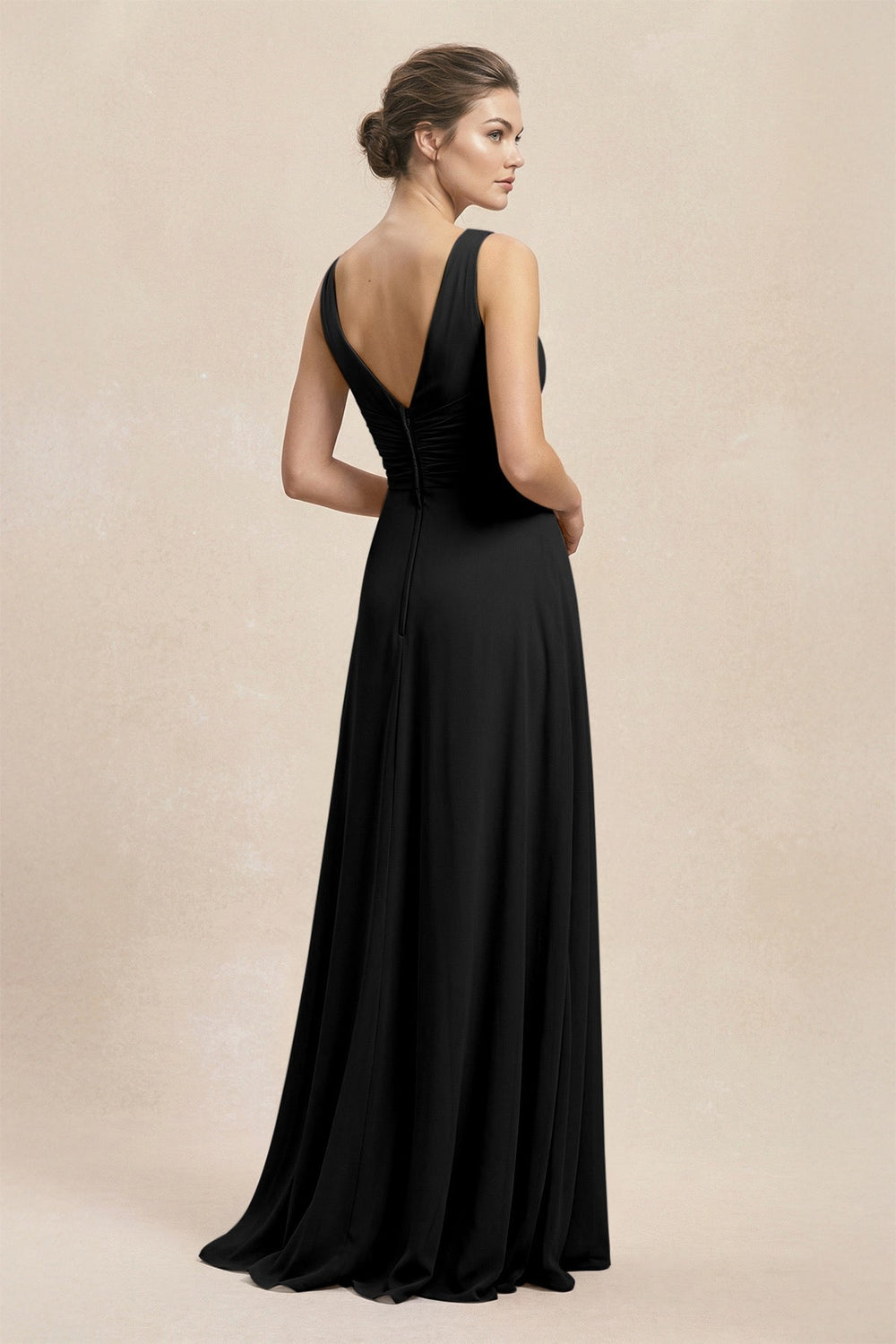 V - Neck Ruffled Ruched Chiffon A - Line Bridesmaid Dress in Black - KISS BRIDAL Bridesmaid Dresses