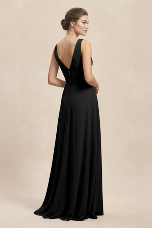 V - Neck Ruffled Ruched Chiffon A - Line Bridesmaid Dress in Black - SHE IS ME Bridesmaid Dresses