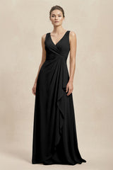 V - Neck Ruffled Ruched Chiffon A - Line Bridesmaid Dress in Black - KISS BRIDAL Bridesmaid Dresses