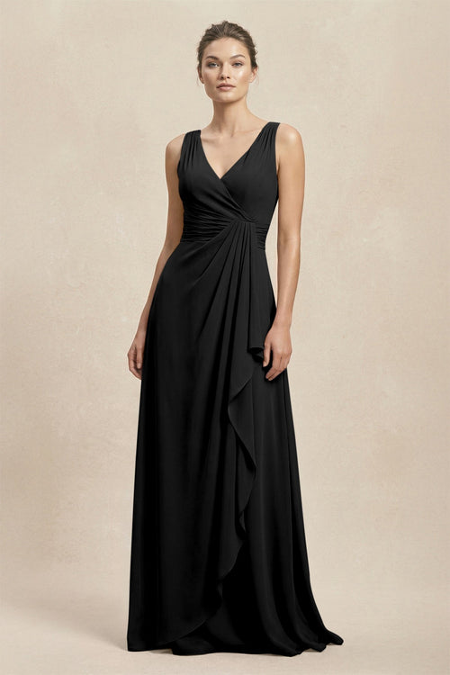 V - Neck Ruffled Ruched Chiffon A - Line Bridesmaid Dress in Black - SHE IS ME Bridesmaid Dresses