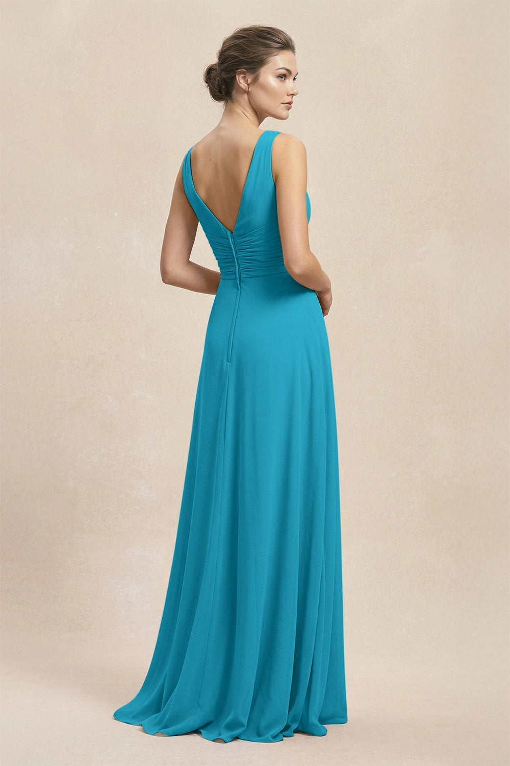 V - Neck Ruffled Ruched Chiffon A - Line Bridesmaid Dress in Blue Jay - KISS BRIDAL Bridesmaid Dresses