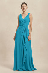 V - Neck Ruffled Ruched Chiffon A - Line Bridesmaid Dress in Blue Jay - KISS BRIDAL Bridesmaid Dresses