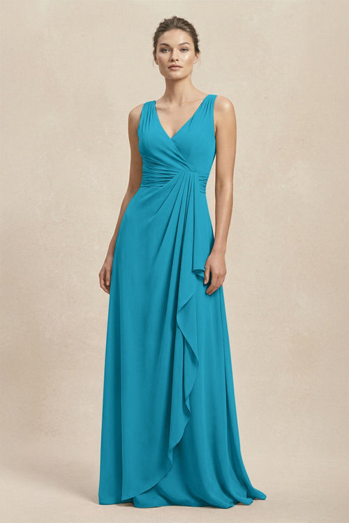V - Neck Ruffled Ruched Chiffon A - Line Bridesmaid Dress in Blue Jay - SHE IS ME Bridesmaid Dresses