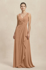 V - Neck Ruffled Ruched Chiffon A - Line Bridesmaid Dress in Bronzer - KISS BRIDAL Bridesmaid Dresses