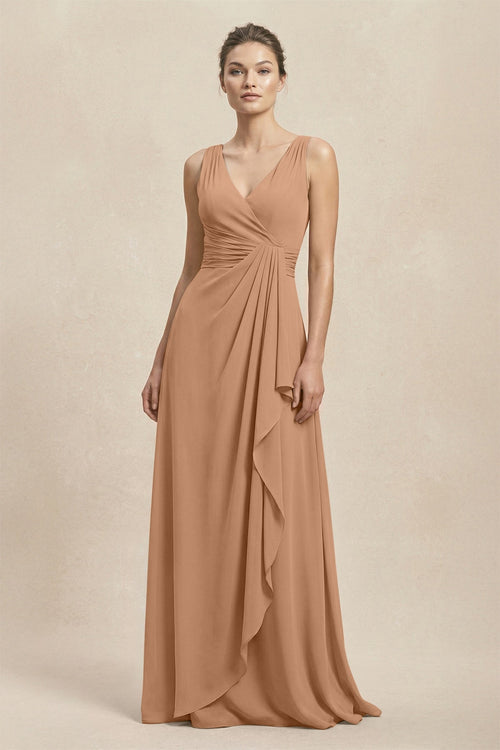 V - Neck Ruffled Ruched Chiffon A - Line Bridesmaid Dress in Bronzer - SHE IS ME Bridesmaid Dresses