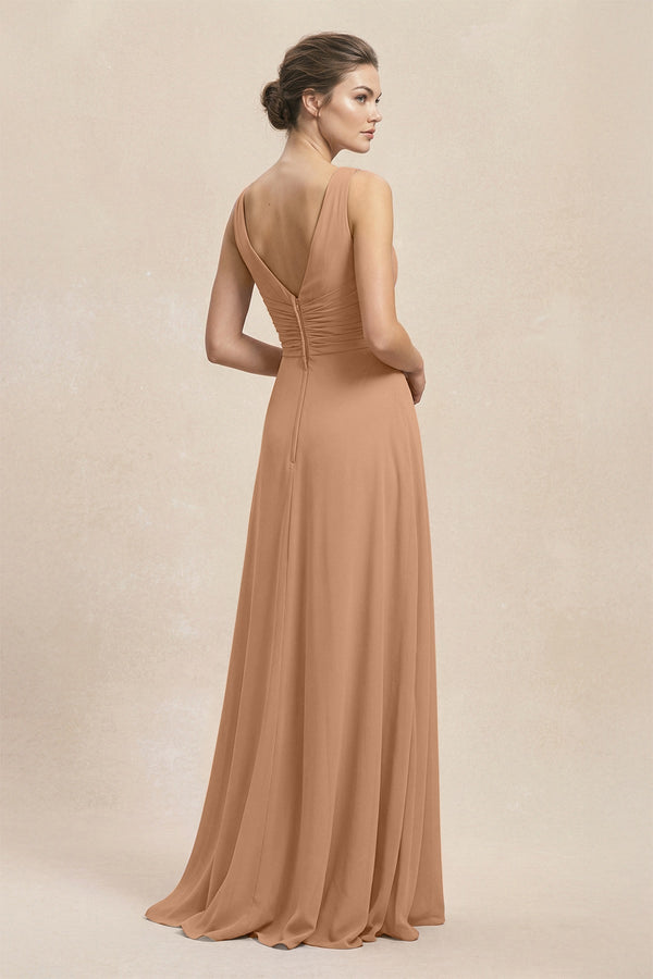 V - Neck Ruffled Ruched Chiffon A - Line Bridesmaid Dress in Bronzer - SHE IS ME Bridesmaid Dresses