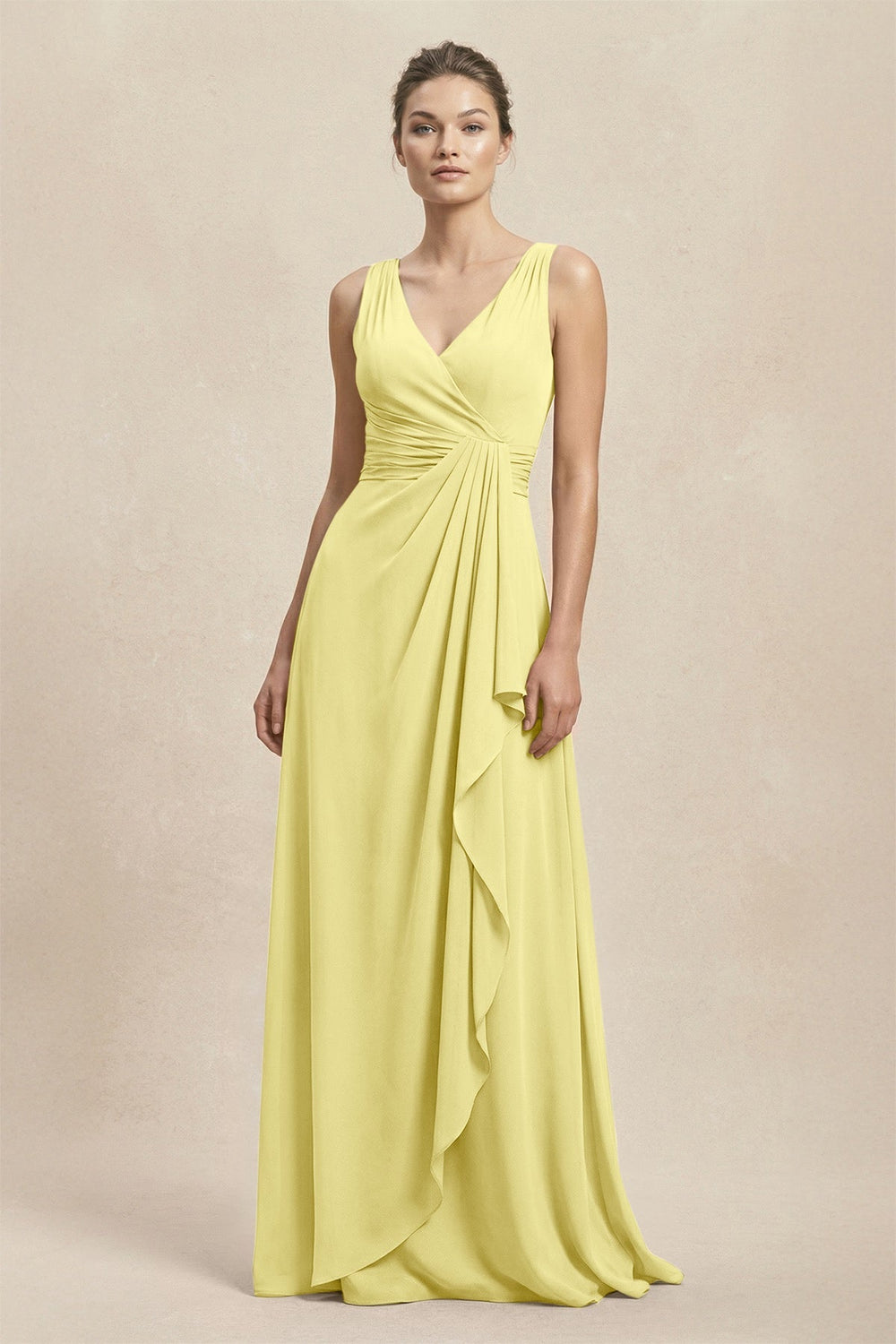 V - Neck Ruffled Ruched Chiffon A - Line Bridesmaid Dress in Buttercup - KISS BRIDAL Bridesmaid Dresses