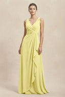 V - Neck Ruffled Ruched Chiffon A - Line Bridesmaid Dress in Buttercup - SHE IS ME Bridesmaid Dresses