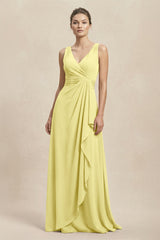 V - Neck Ruffled Ruched Chiffon A - Line Bridesmaid Dress in Buttercup - KISS BRIDAL Bridesmaid Dresses