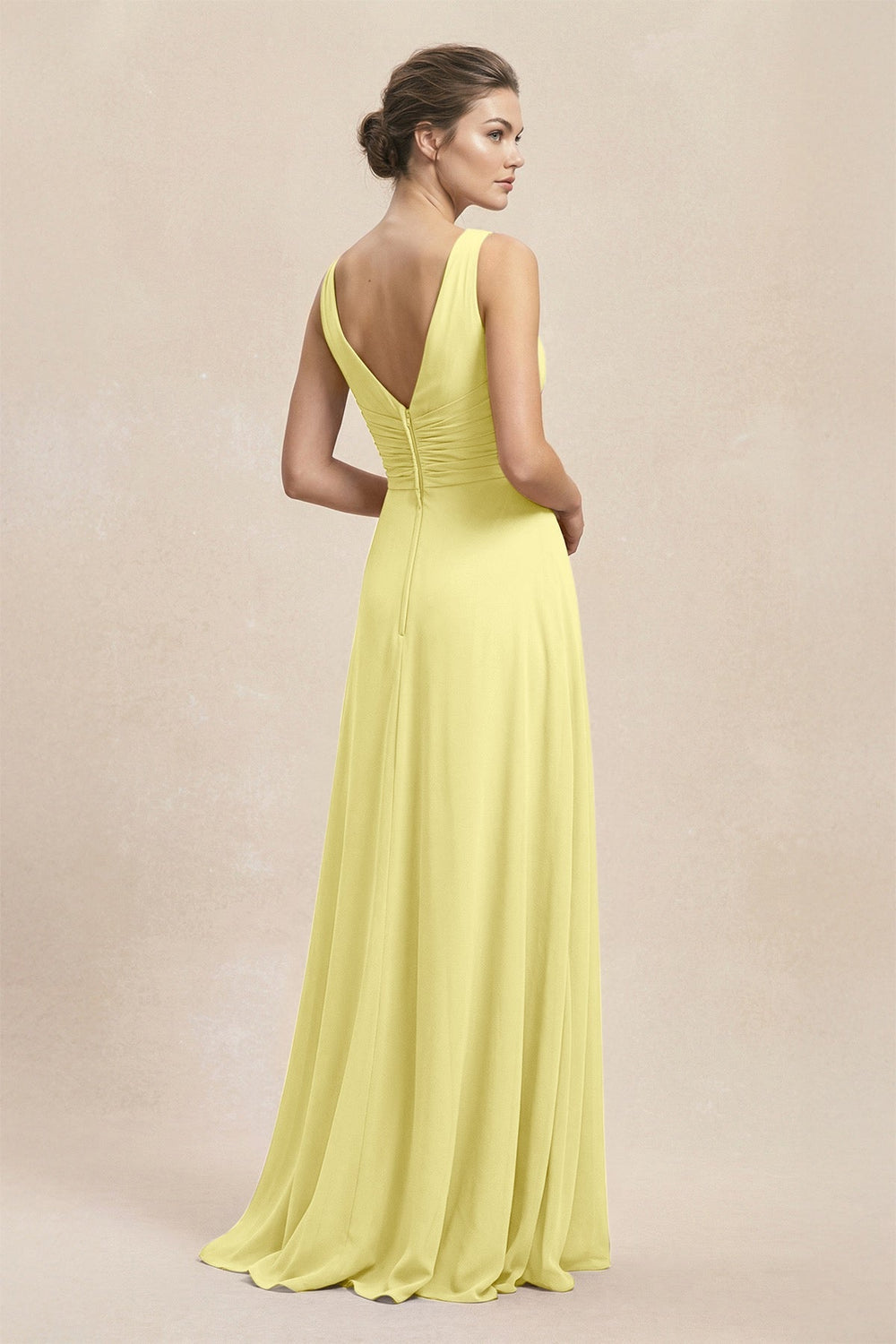 V - Neck Ruffled Ruched Chiffon A - Line Bridesmaid Dress in Buttercup - KISS BRIDAL Bridesmaid Dresses