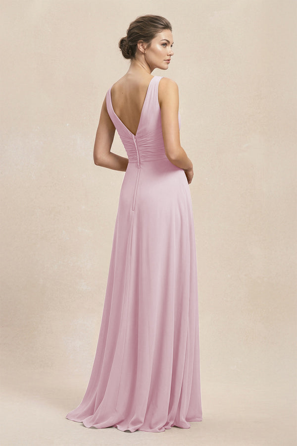 V-Neck Ruffled Ruched Chiffon A-Line Bridesmaid Dress in Candy Pink (2) | KISSBRIDAL