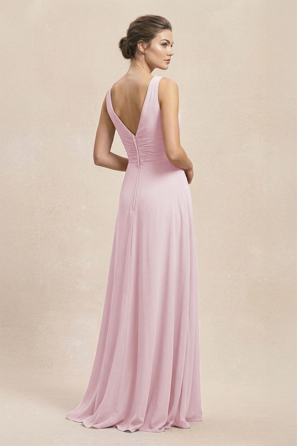 V - Neck Ruffled Ruched Chiffon A - Line Bridesmaid Dress in Candy Pink - SHE IS ME Bridesmaid Dresses