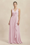 V - Neck Ruffled Ruched Chiffon A - Line Bridesmaid Dress in Candy Pink - SHE IS ME Bridesmaid Dresses