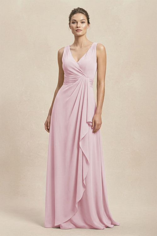 V - Neck Ruffled Ruched Chiffon A - Line Bridesmaid Dress in Candy Pink - SHE IS ME Bridesmaid Dresses