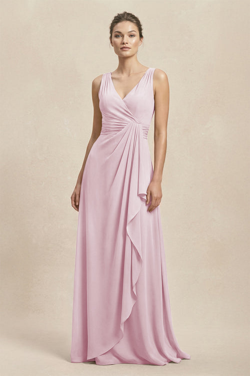 V-Neck Ruffled Ruched Chiffon A-Line Bridesmaid Dress in Candy Pink | KISSBRIDAL