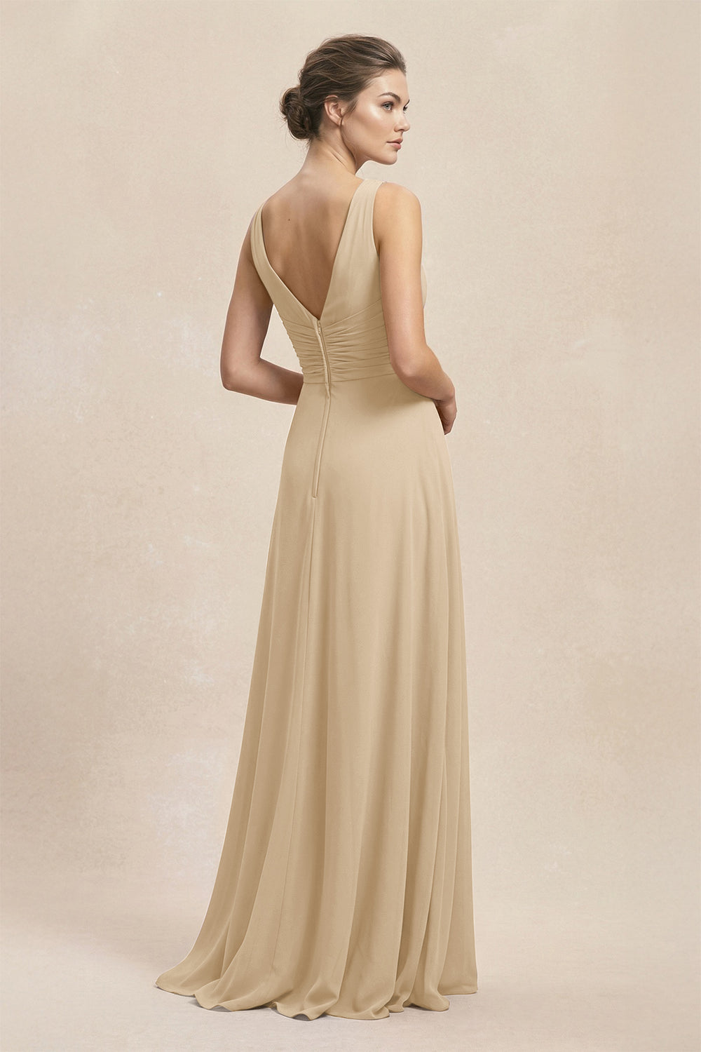 V-Neck Ruffled Ruched Chiffon A-Line Bridesmaid Dress in Champagne