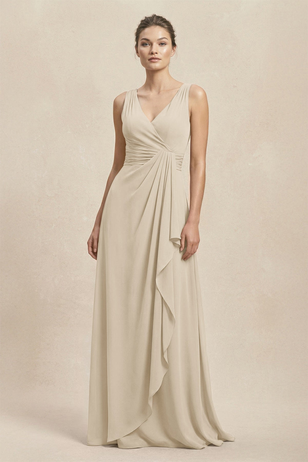 V - Neck Ruffled Ruched Chiffon A - Line Bridesmaid Dress in Champagne - KISS BRIDAL Bridesmaid Dresses