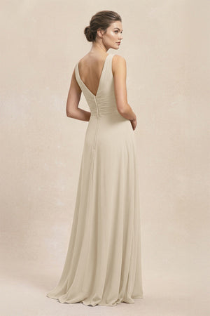 V - Neck Ruffled Ruched Chiffon A - Line Bridesmaid Dress in Champagne - SHE IS ME Bridesmaid Dresses