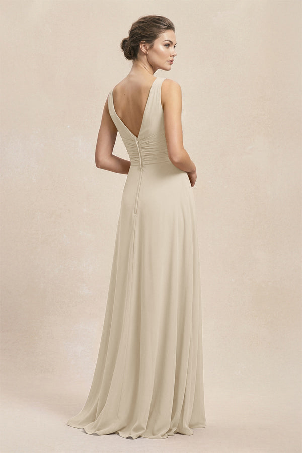 V - Neck Ruffled Ruched Chiffon A - Line Bridesmaid Dress in Champagne - SHE IS ME Bridesmaid Dresses