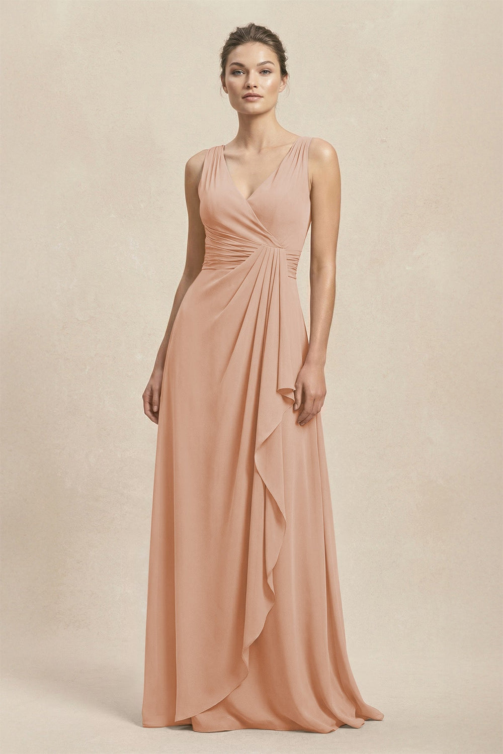 V - Neck Ruffled Ruched Chiffon A - Line Bridesmaid Dress in Champagne Rose - KISS BRIDAL Bridesmaid Dresses