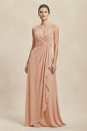 V - Neck Ruffled Ruched Chiffon A - Line Bridesmaid Dress in Champagne Rose - SHE IS ME Bridesmaid Dresses