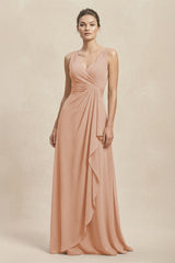 V - Neck Ruffled Ruched Chiffon A - Line Bridesmaid Dress in Champagne Rose - KISS BRIDAL Bridesmaid Dresses