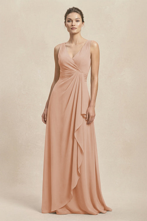 V - Neck Ruffled Ruched Chiffon A - Line Bridesmaid Dress in Champagne Rose - SHE IS ME Bridesmaid Dresses