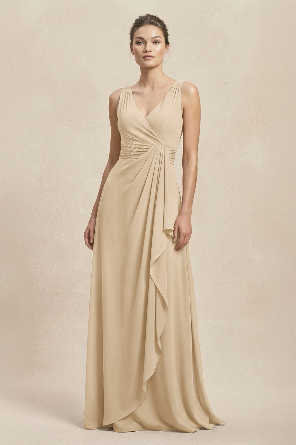 V-Neck Ruffled Ruched Chiffon A-Line Bridesmaid Dress in Champagne